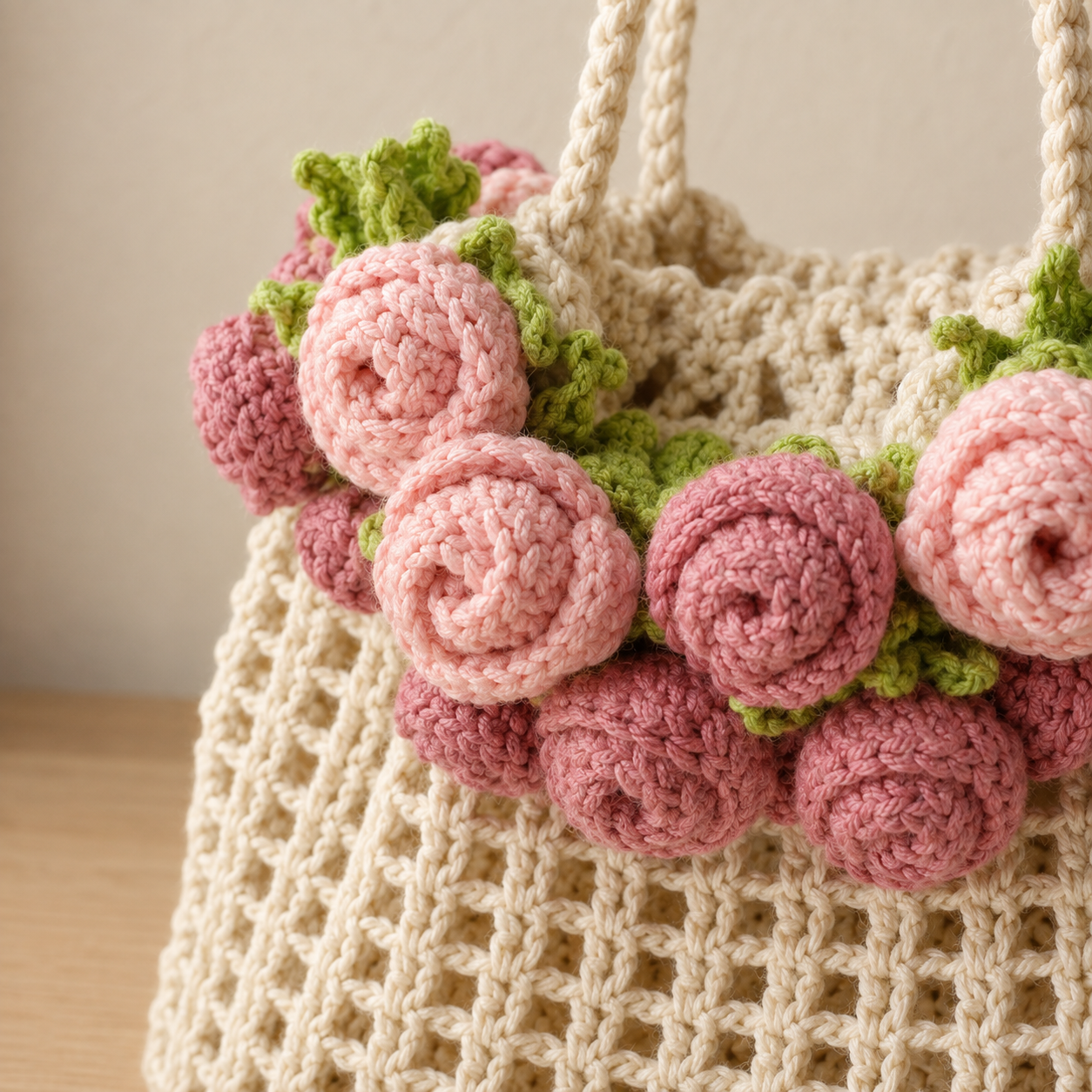 Handmade Crochet Wool Bucket Bag with Rose Design