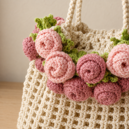 Handmade Crochet Wool Bucket Bag with Rose Design