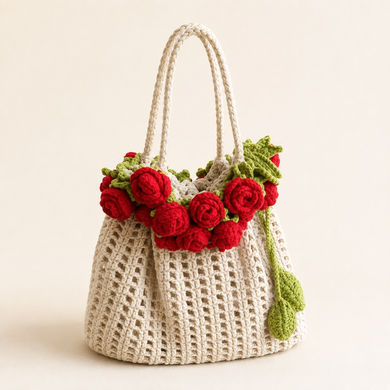 Handmade Crochet Wool Bucket Bag with Rose Design