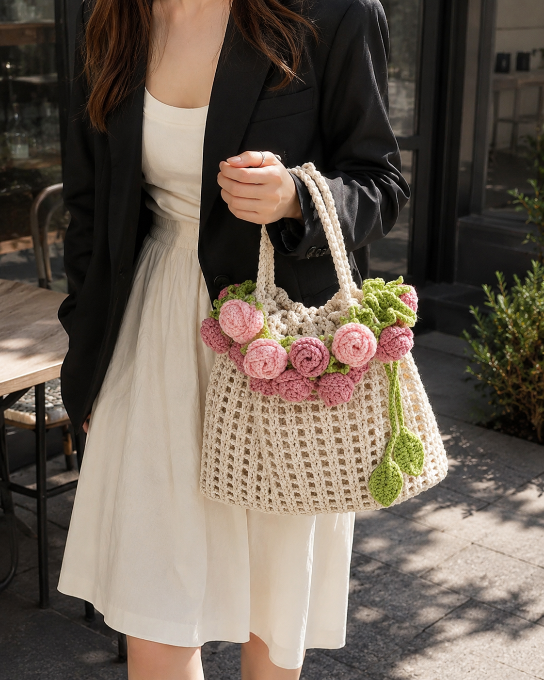 Handmade Crochet Wool Bucket Bag with Rose Design