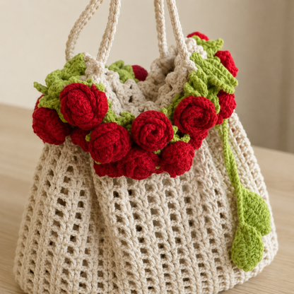 Handmade Crochet Wool Bucket Bag with Rose Design