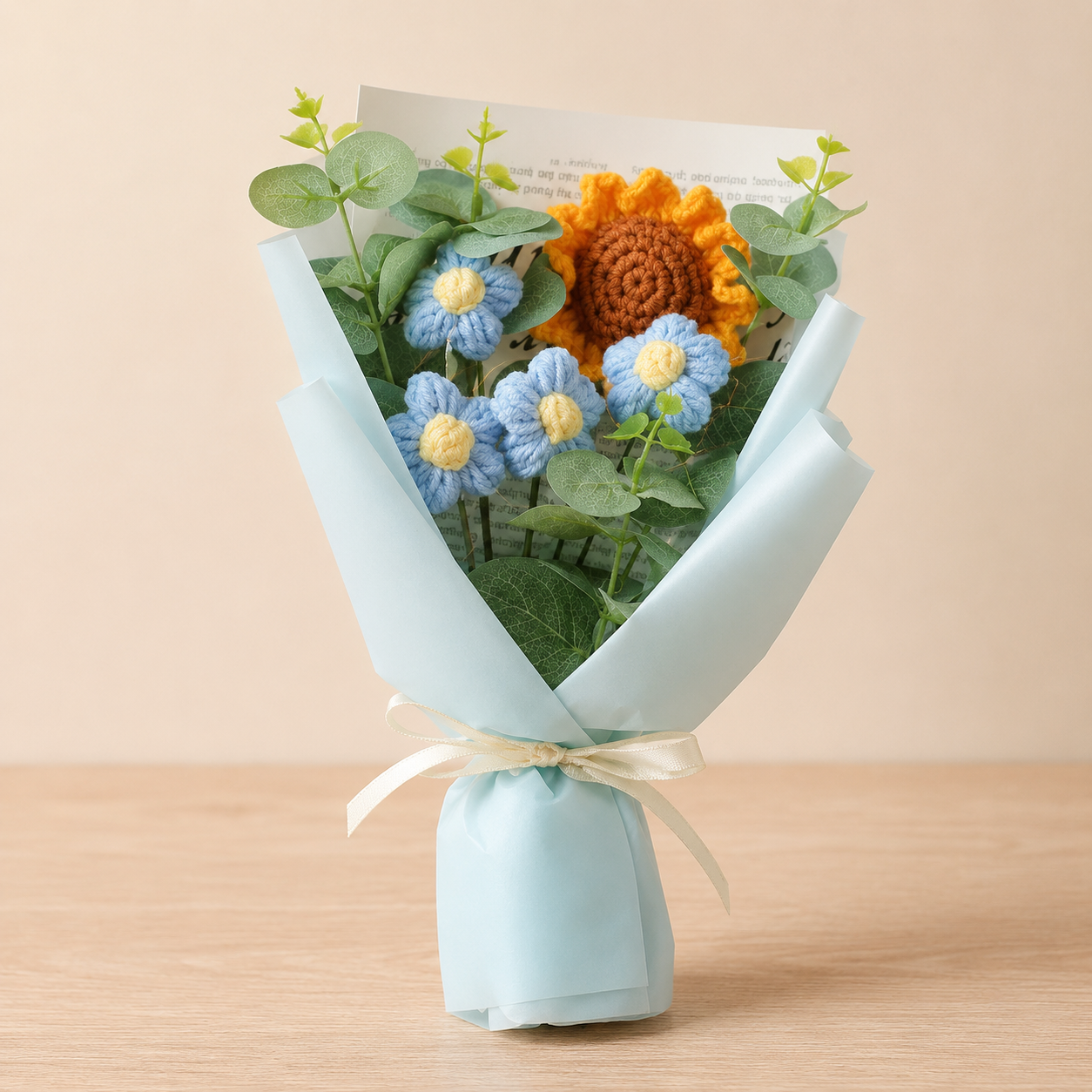 Blue sunflower hand-knitted wool flower bouquet with lights