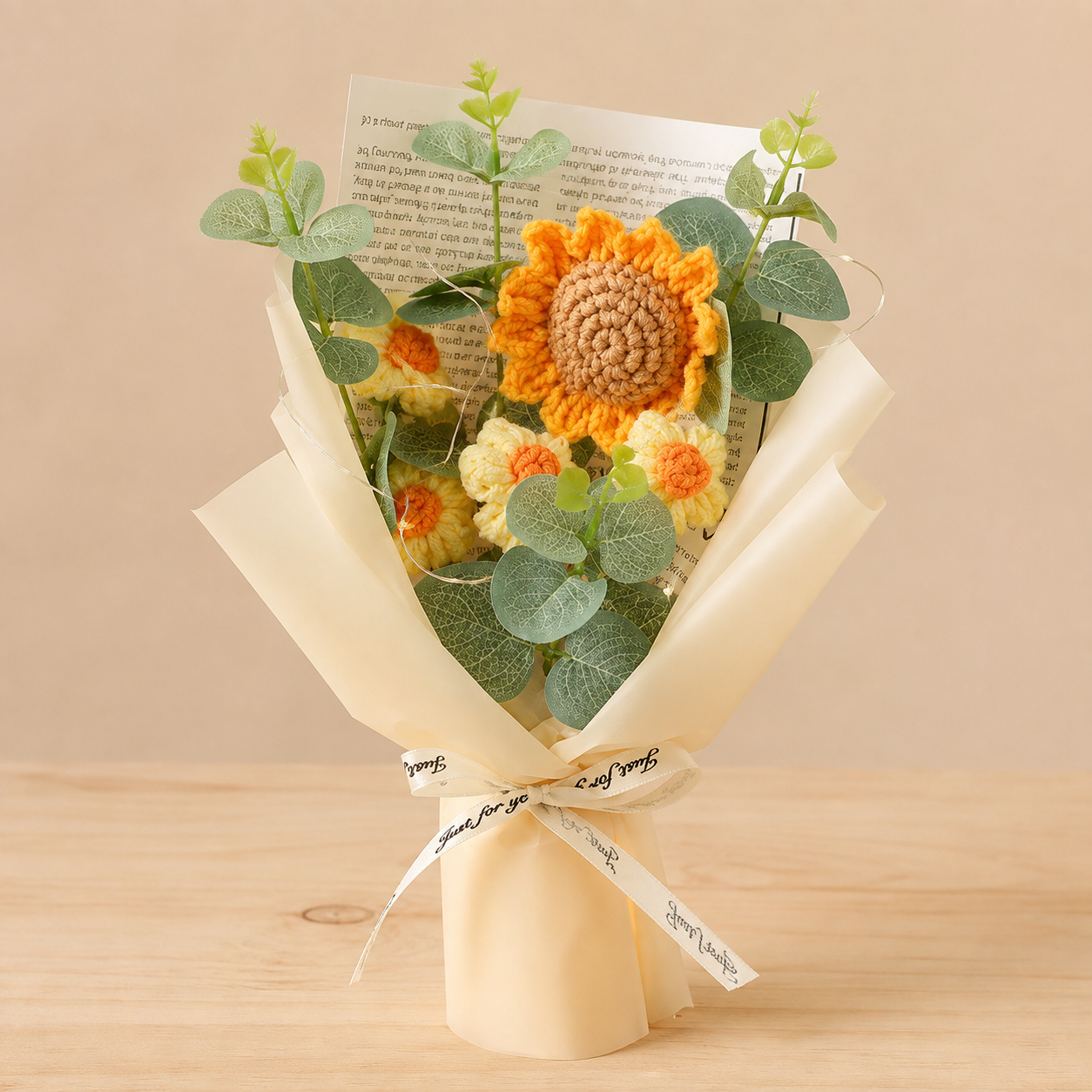 Champagne sunflower hand-knitted wool flower bouquet with lights