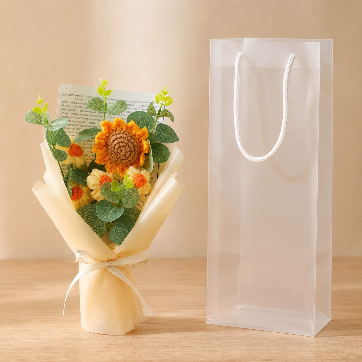 Hand-knitted wool sunflower bouquet with included gift carrying bag