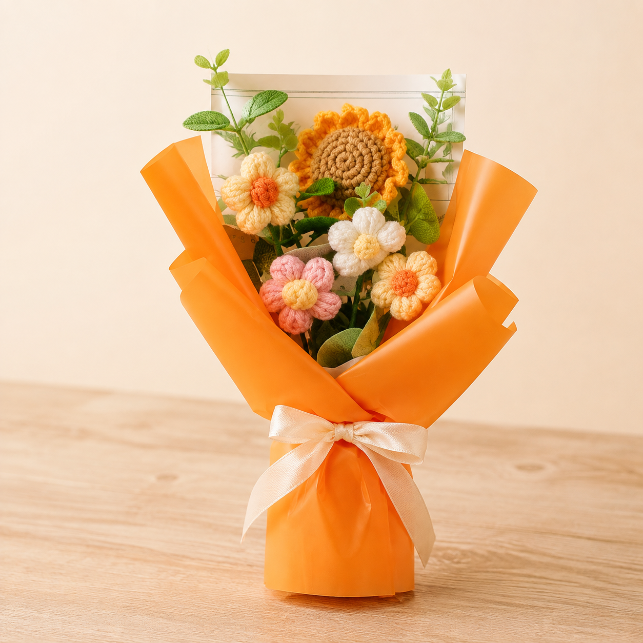 Orange sunflower hand-knitted wool flower bouquet with lights
