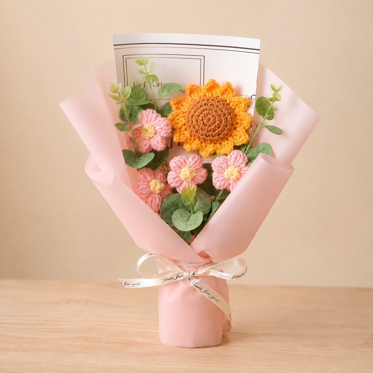 Pink sunflower hand-knitted wool flower bouquet with lights