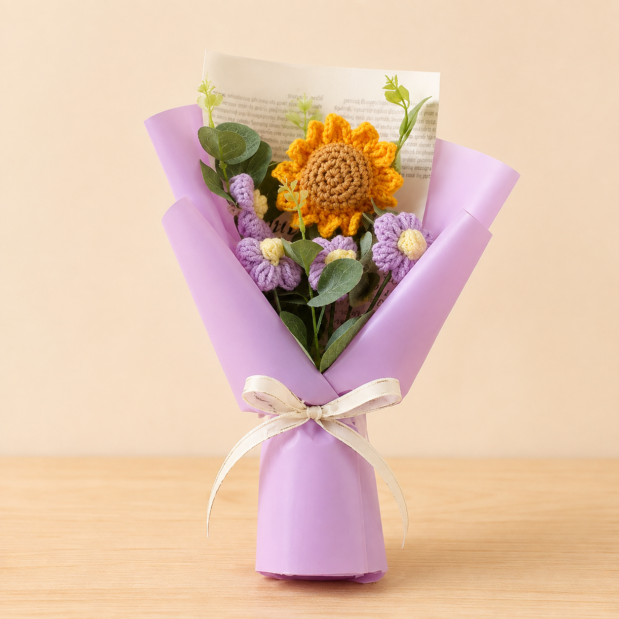 Purple sunflower hand-knitted wool flower bouquet with lights