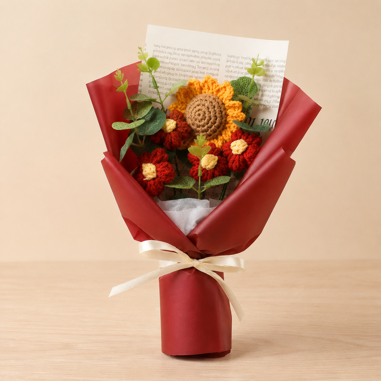 Red sunflower hand-knitted wool flower bouquet with lights