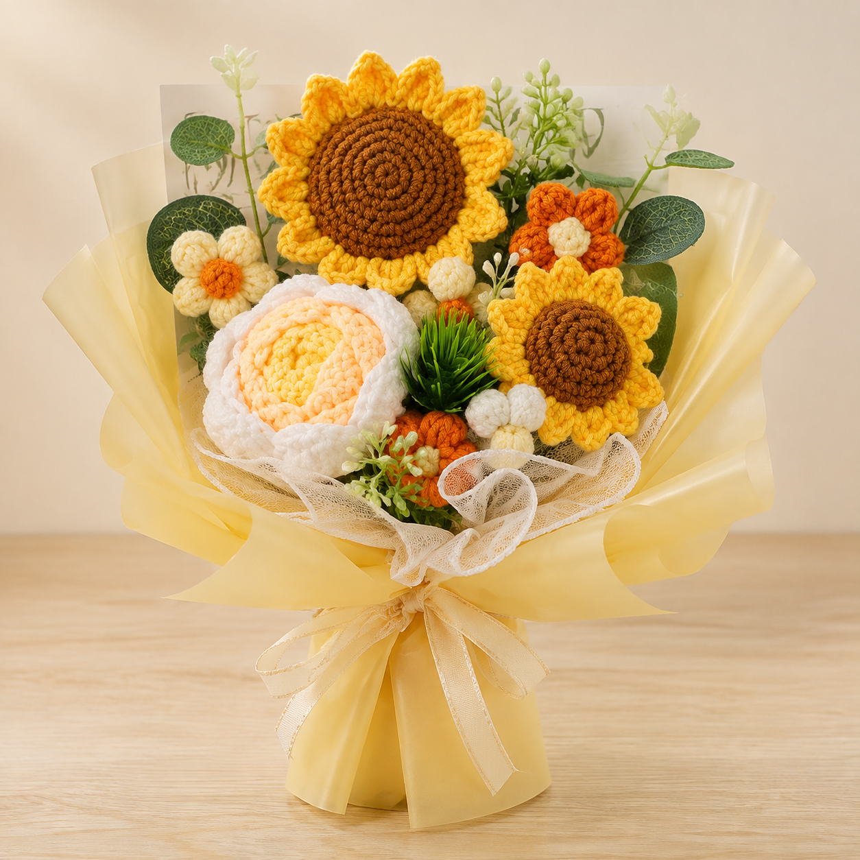 Yellow sunflower hand-knitted wool gift bouquet with lights