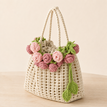 Handmade Crochet Wool Bucket Bag with Rose Design
